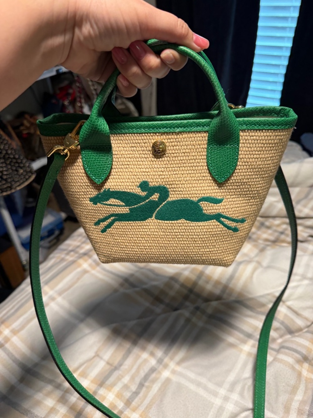 Longchamp Natural Straw Crossbody with Green Trim and Horse Motif